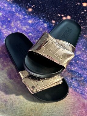 PINK Victoria's Secret Rose Gold Metallic Slide Sandals with Embossed Logo